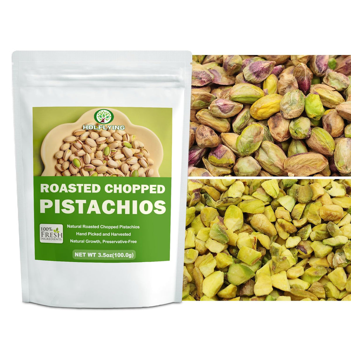 HOLFLYING pistachio chopped close-up shows golden-green morsels ideal for desserts.