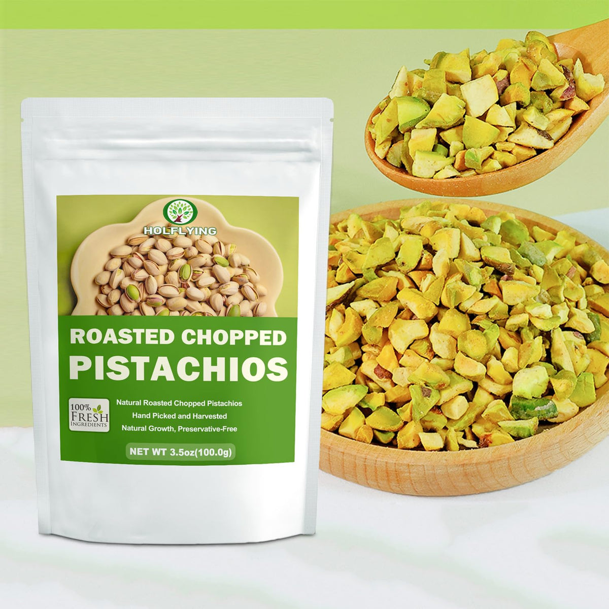 HOLFLYING pistachio snacking plate demonstrates a protein-rich bite for mindful treats.