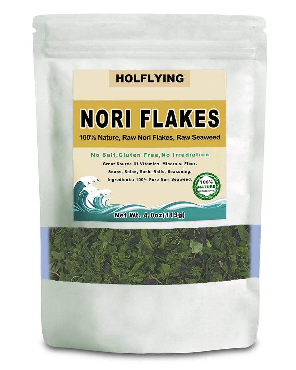 HOLFLYING Premium Nori Flakes packaging shows pure unsalted seaweed for savor.