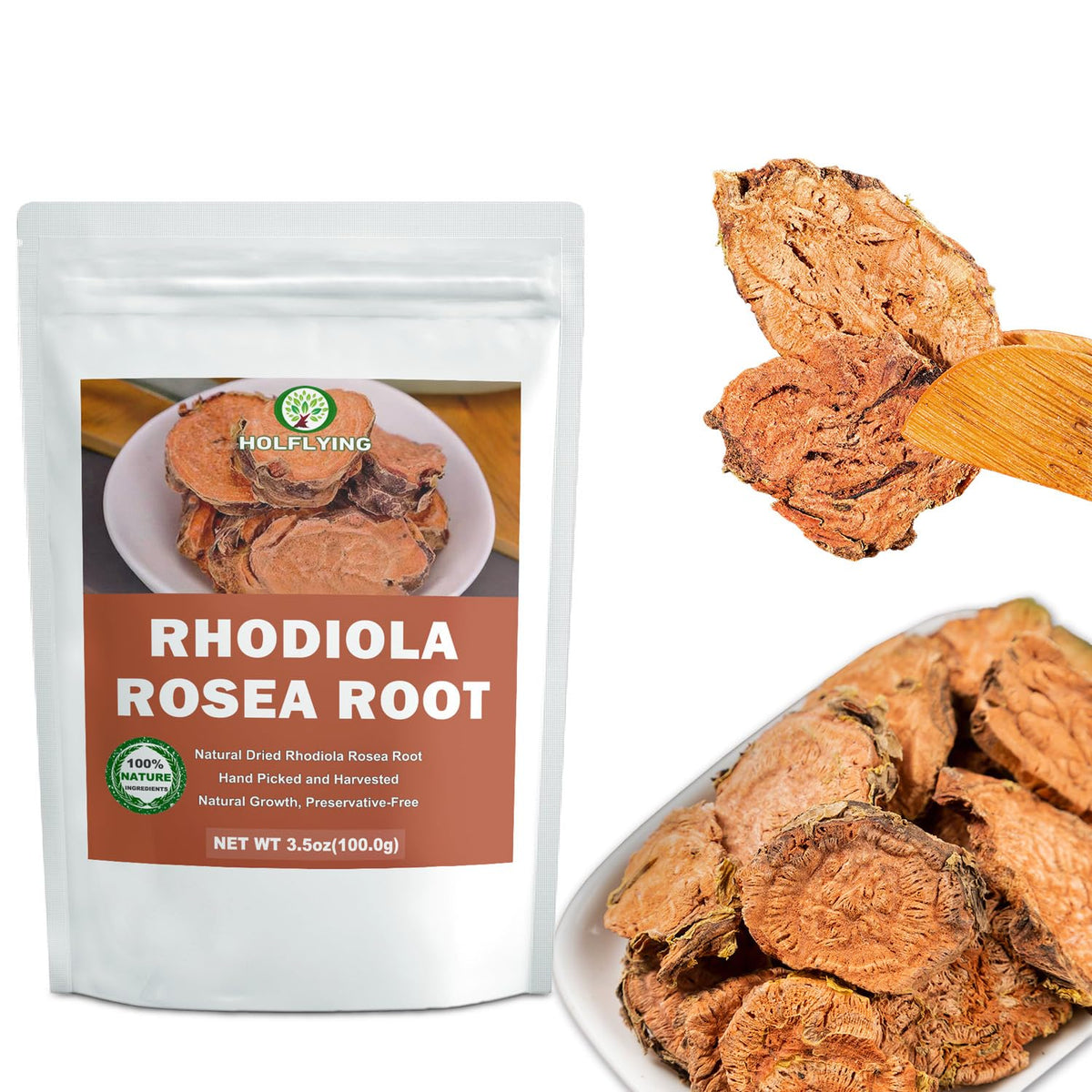 HOLFLYING premium rhodiola root, additive-free and GMO-free.