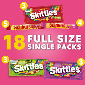 Holiday gifting display featuring SKITTLES and STARBURST packs, perfect for celebrations.