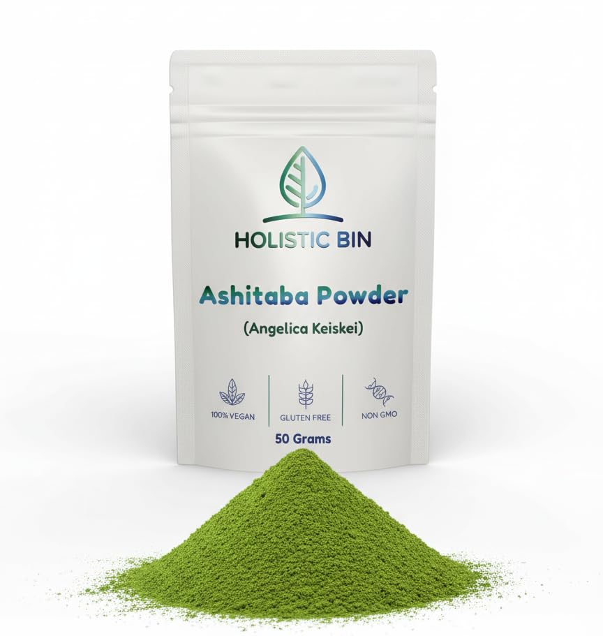 Holistic Bin ashitaba powder bottle for smoothies and hot teas.