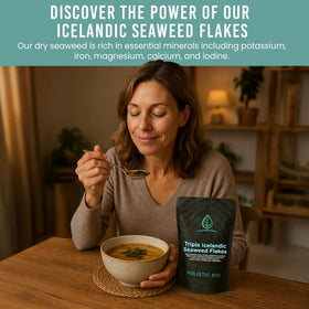 Holistic Bin Triple Icelandic Seaweed Flakes stirred into miso soup for flavor