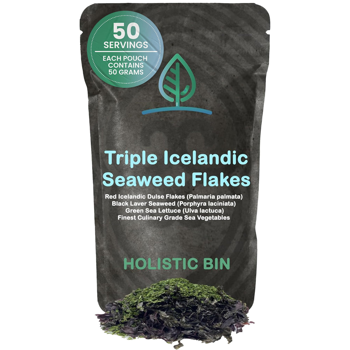 Holistic Bin Triple Icelandic Seaweed Flakes front pack, ideal for quick umami boost in meals