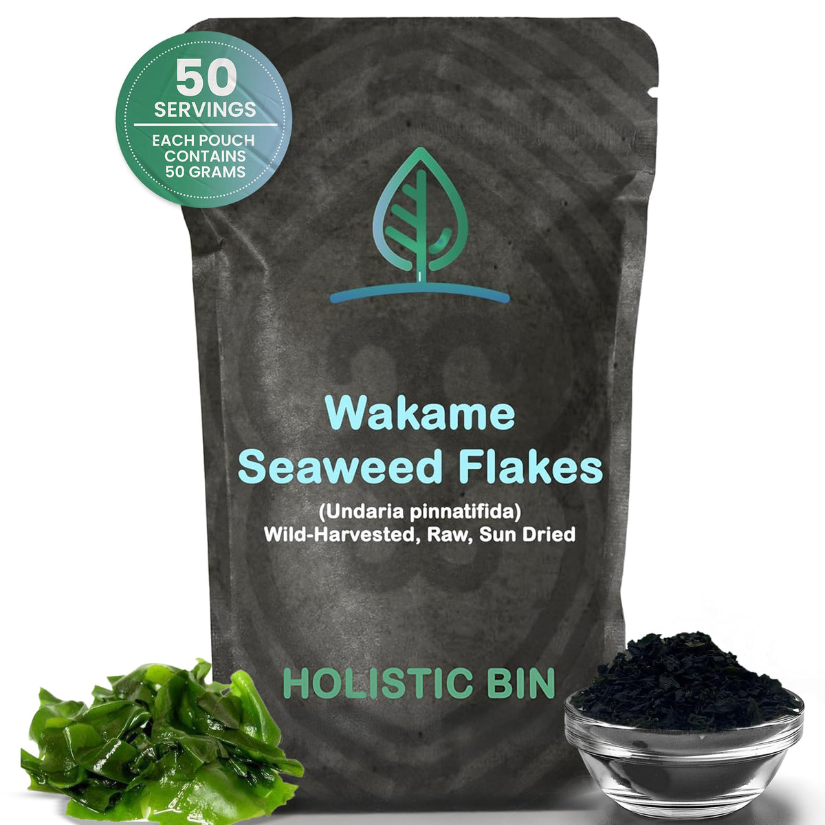 Holistic Bin Wakame seaweed flakes on the front pack, ideal for quick, flavorful pantry use.