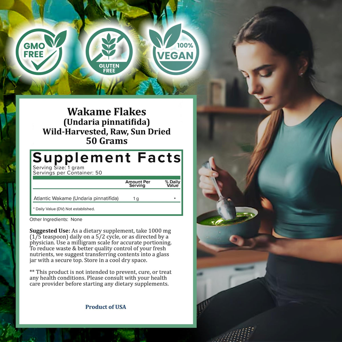 Holistic Bin wakame seaweed leaves close-up with tender texture ready for rehydration.