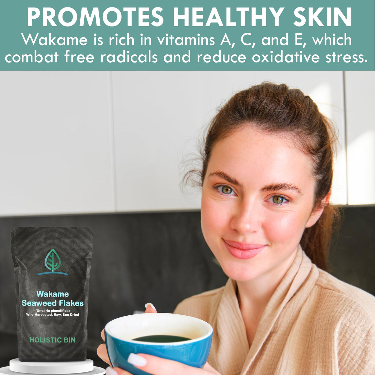Holistic Bin wakame seaweed on a rice bowl enhancing texture and nutrition.