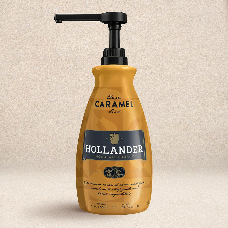 Hollander Chocolate Classic Caramel Café Sauce bottle with pump for precise dispensing.
