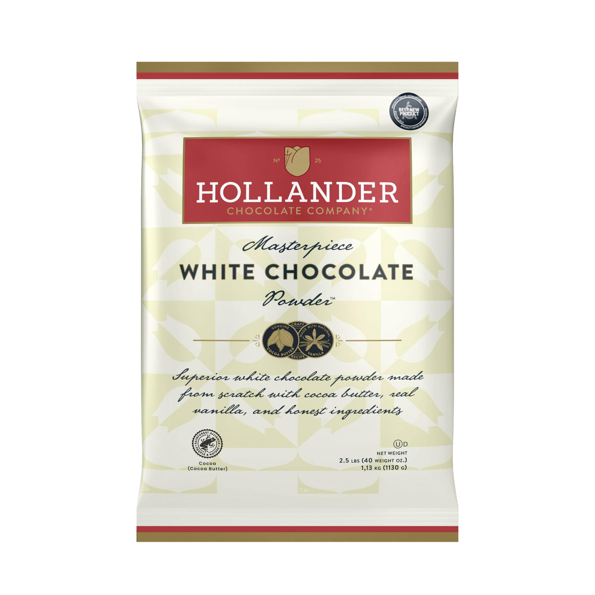 Hollander Masterpiece White Chocolate Powder bag pouring into a mug for creamy beverages.