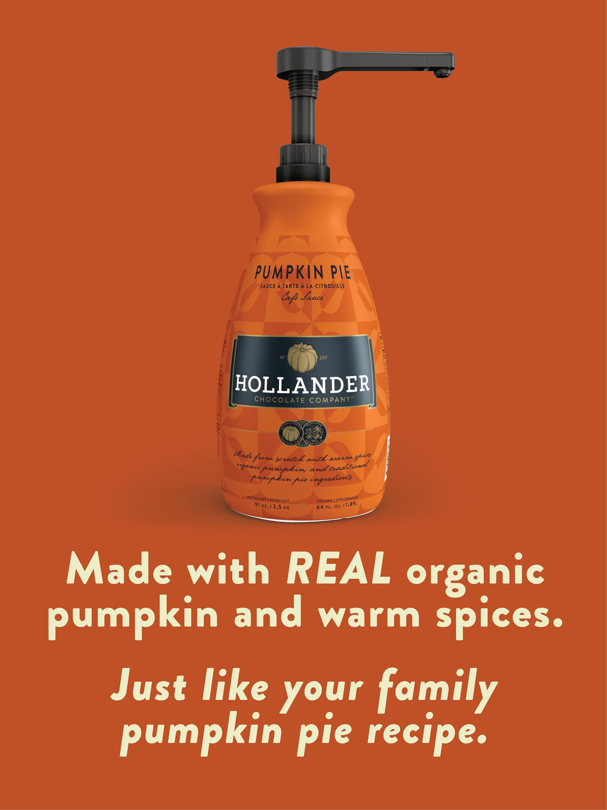 Hollander Pumpkin Pie Sauce ingredients and clean-label benefits showcased.
