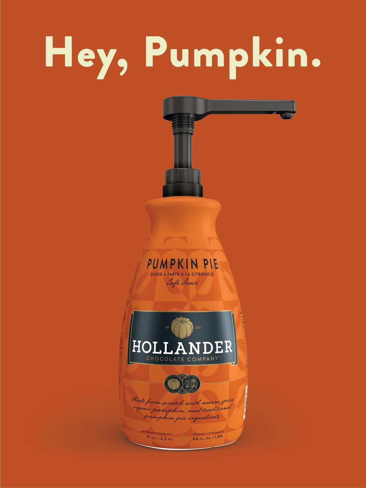 Hollander Pumpkin Pie Sauce label close-up highlighting organic pumpkin ingredients.