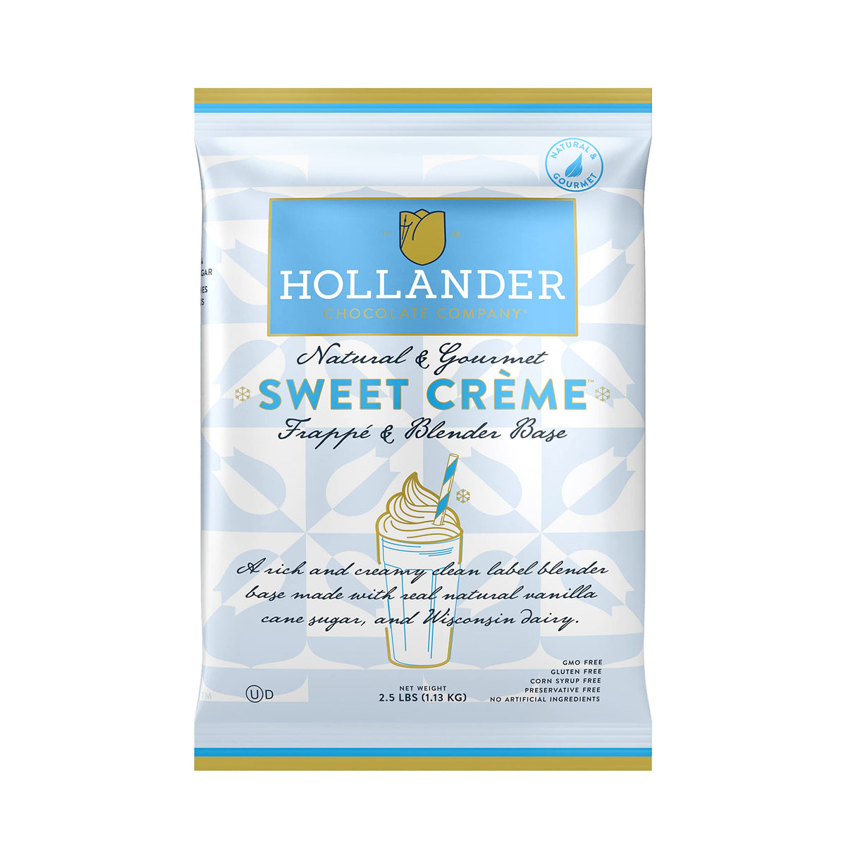 Hollander Sweet Creme Frappe Base bag with vanilla blend for creamy beverages.