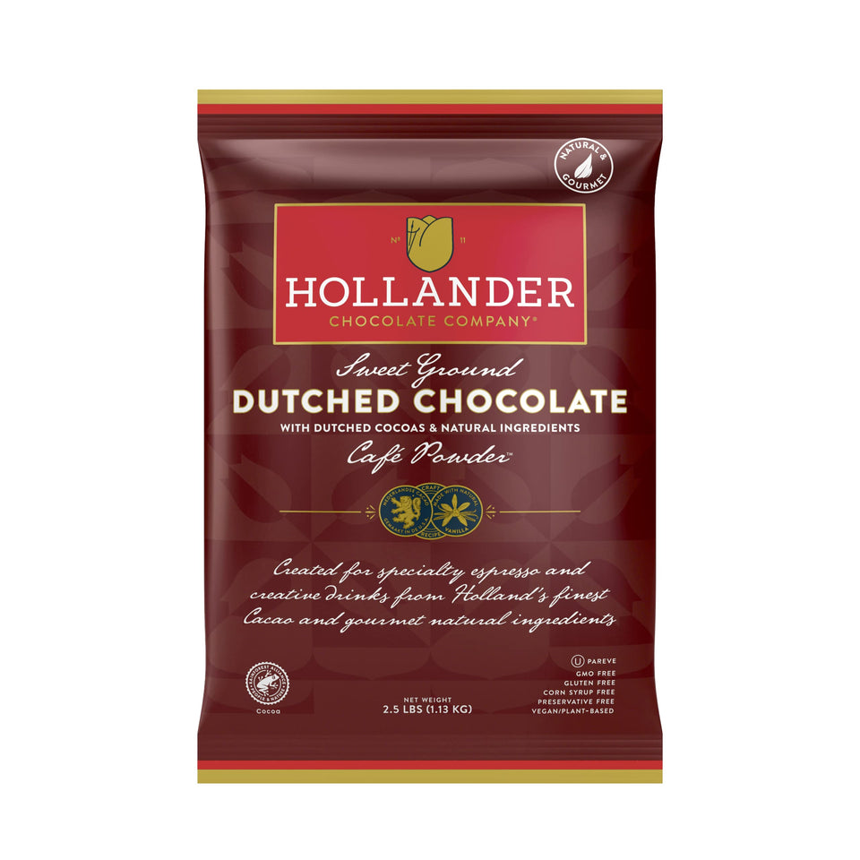 Hollander Sweet Ground Dutched Chocolate Powder bag highlights rich cacao for premium beverages