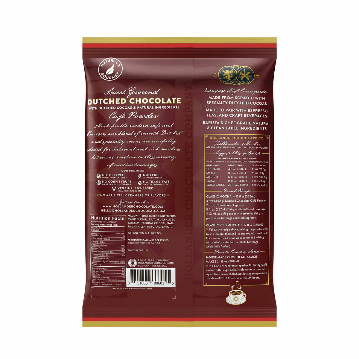 Hollander Sweet Ground Dutched Chocolate Powder closeup reveals velvety cacao texture for hot cocoa