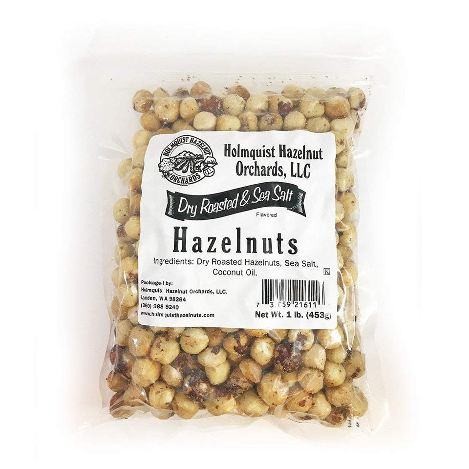 Holmquist Hazelnuts dry roasted sea salt in bowl, a heart-healthy snack option.