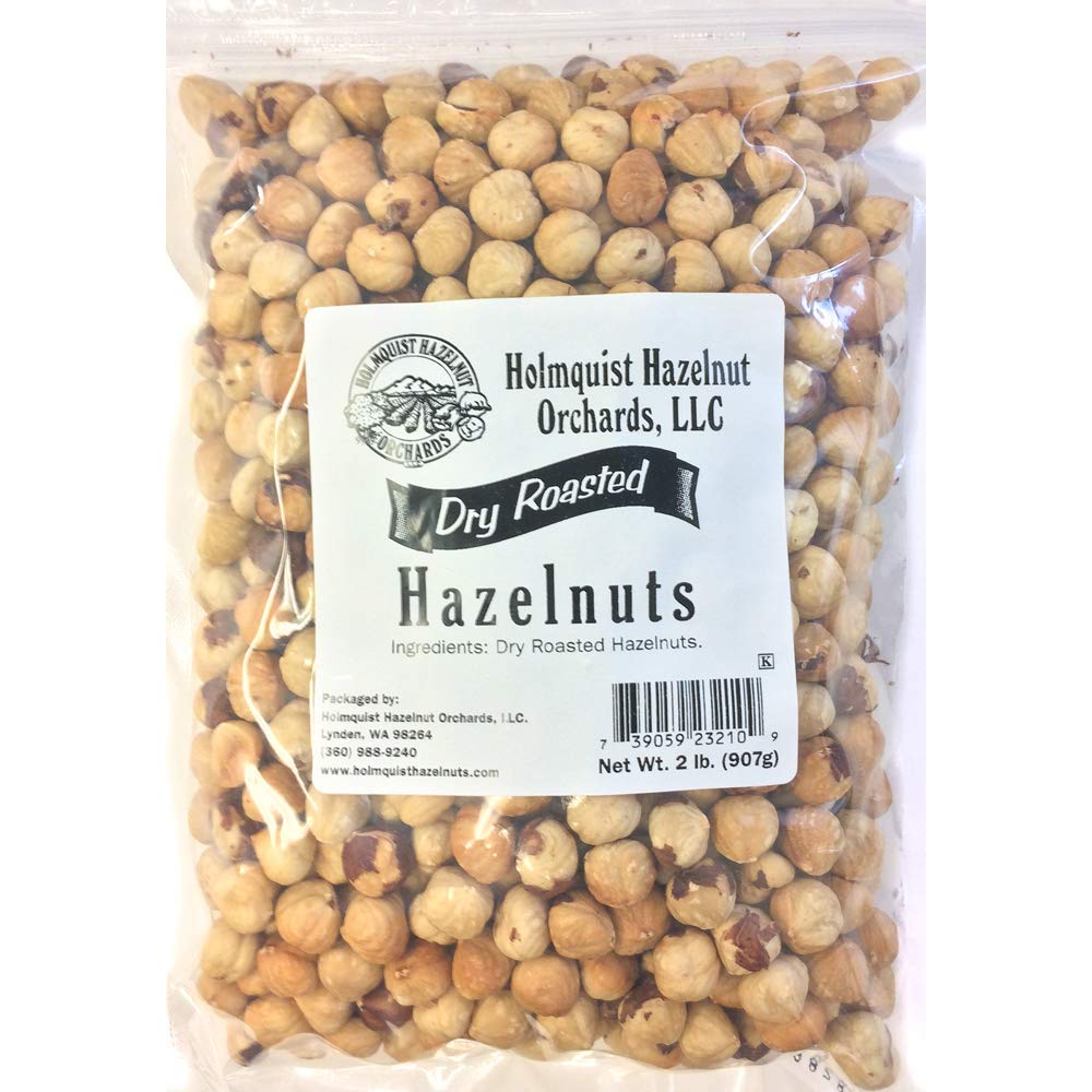 Holmquist Hazelnuts dry roasted unsalted 2lb pack front view for snacking and baking.