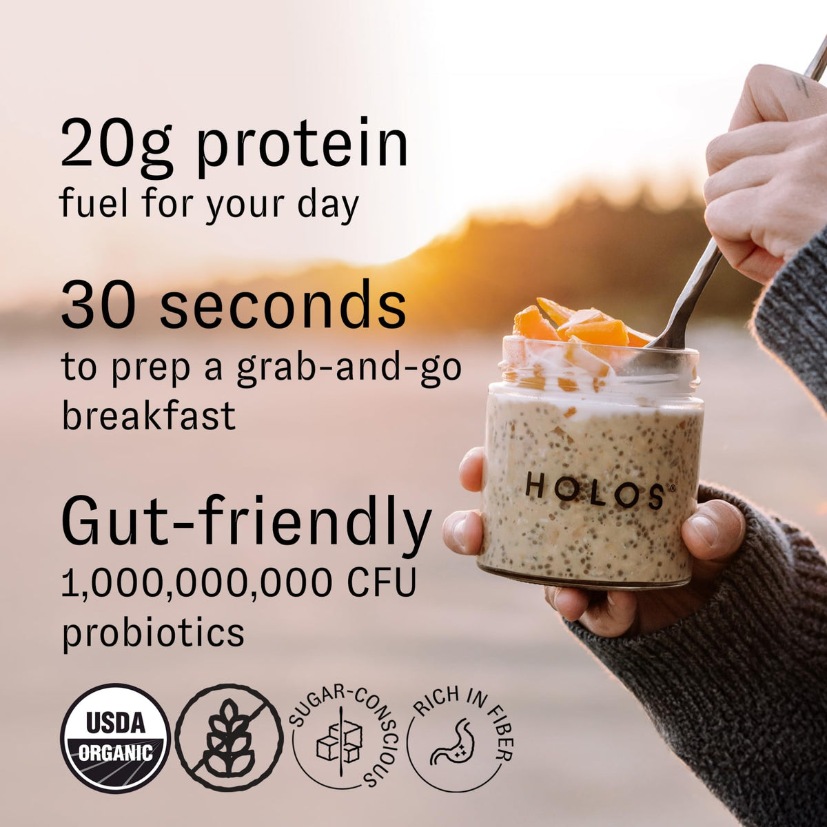 HOLOS Mocha overnight oats jar with coffee notes and creamy texture.