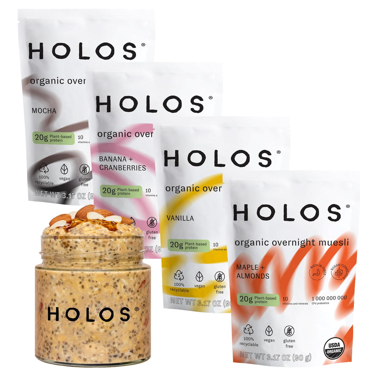 HOLOS Protein Overnight Oats jar front view for a quick protein-packed breakfast.