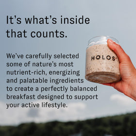 HOLOS Vanilla overnight oats jar offers smooth sweetness and protein boost.