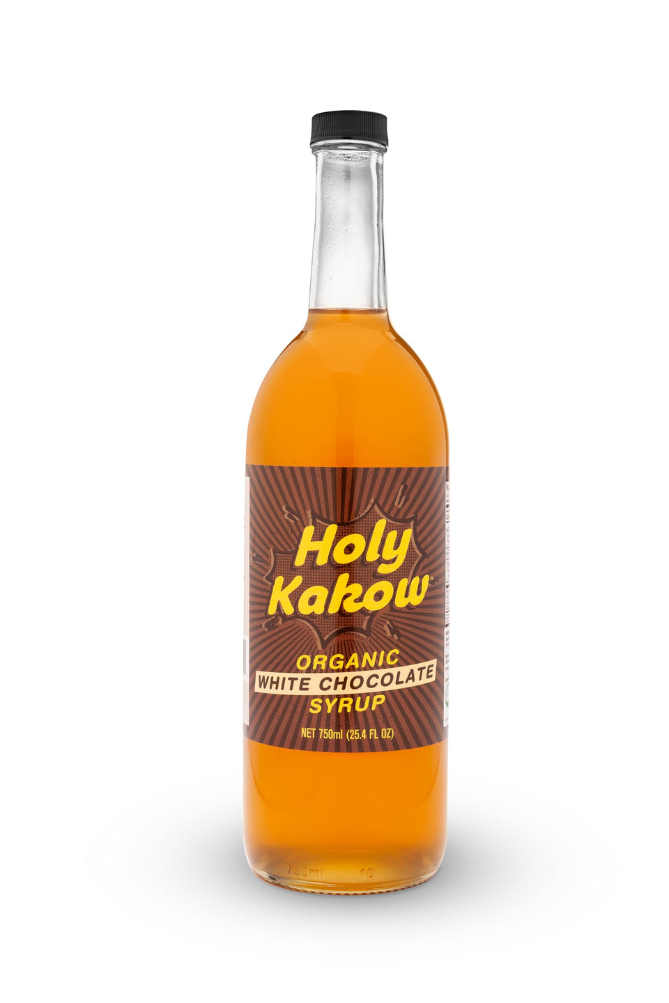 Holy Kakow White Chocolate Syrup bottle pouring to enhance coffee flavor.