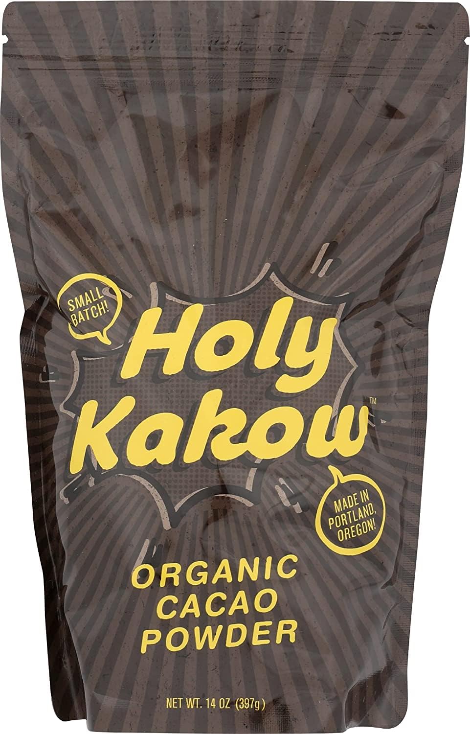 Holy Kakow cacao powder jar front showing organic Peruvian cacao for baking