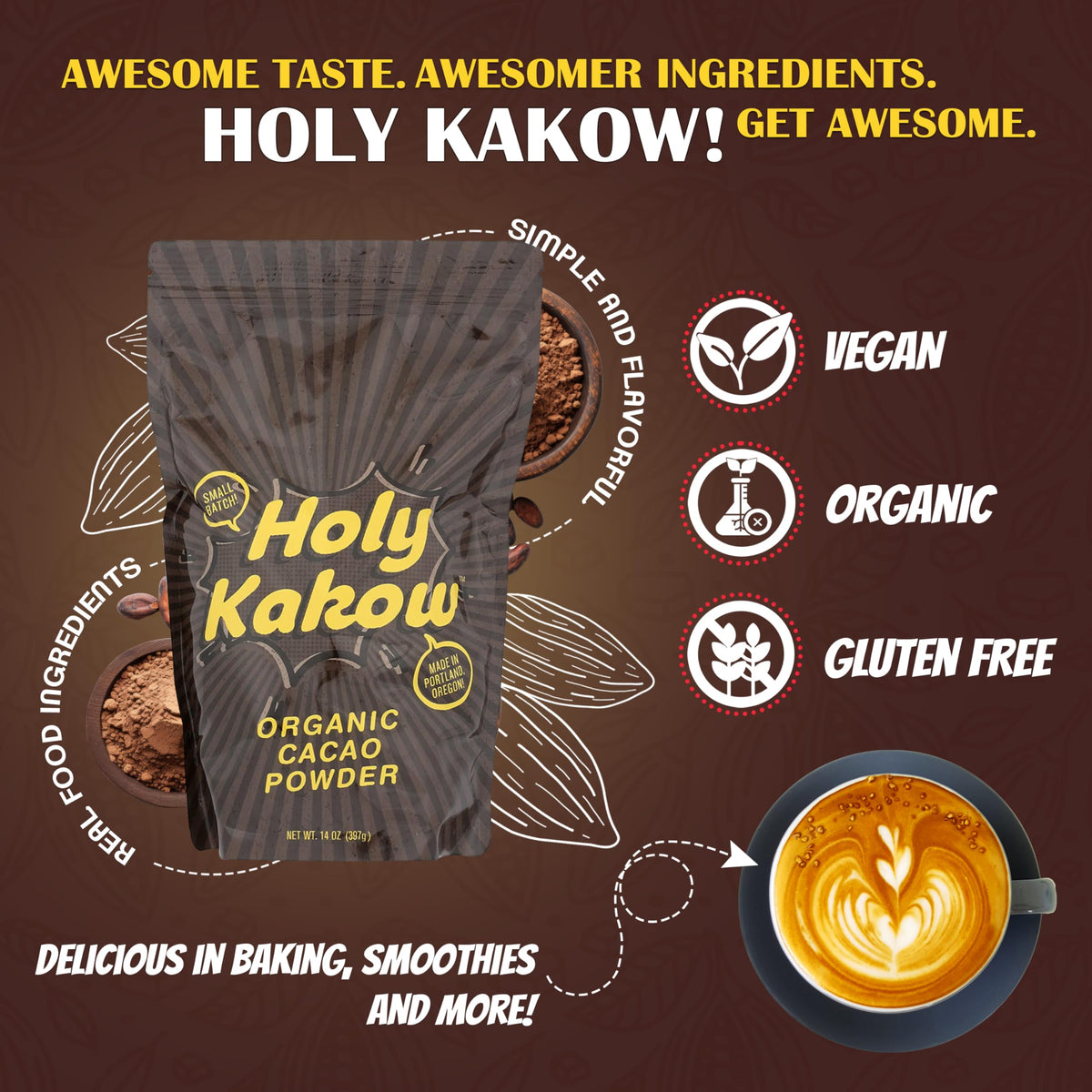 Holy Kakow cacao powder jar label highlighting single-origin Peruvian beans