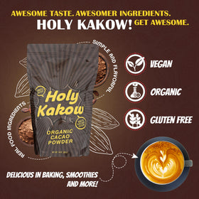 Holy Kakow cacao powder jar label highlighting single-origin Peruvian beans
