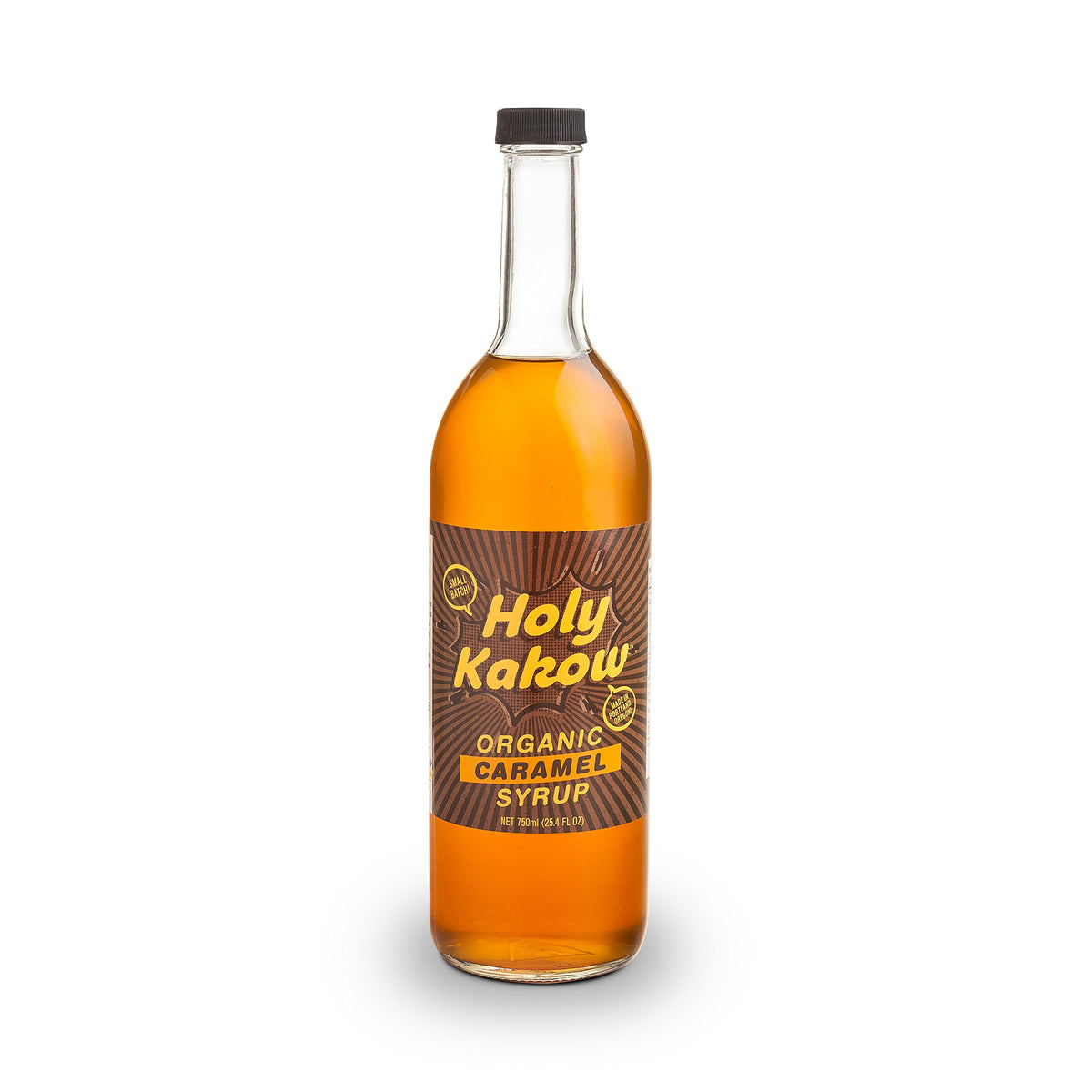 Holy Kakow Cafe Organic Caramel Syrup bottle highlighting real ingredients and depth