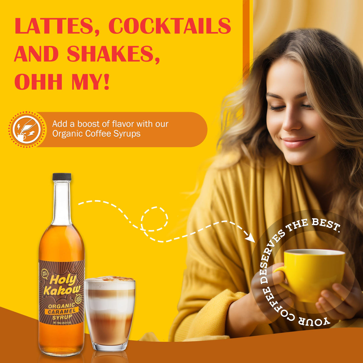 Holy Kakow Cafe Organic Caramel Syrup latte shot enhances crema and aroma