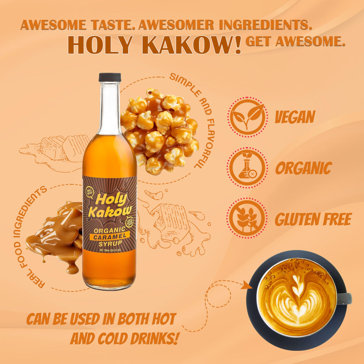 Holy Kakow Cafe Organic Caramel Syrup being poured into a glass