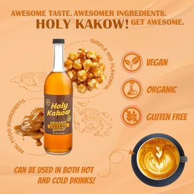 Holy Kakow Cafe Organic Caramel Syrup being poured into a glass