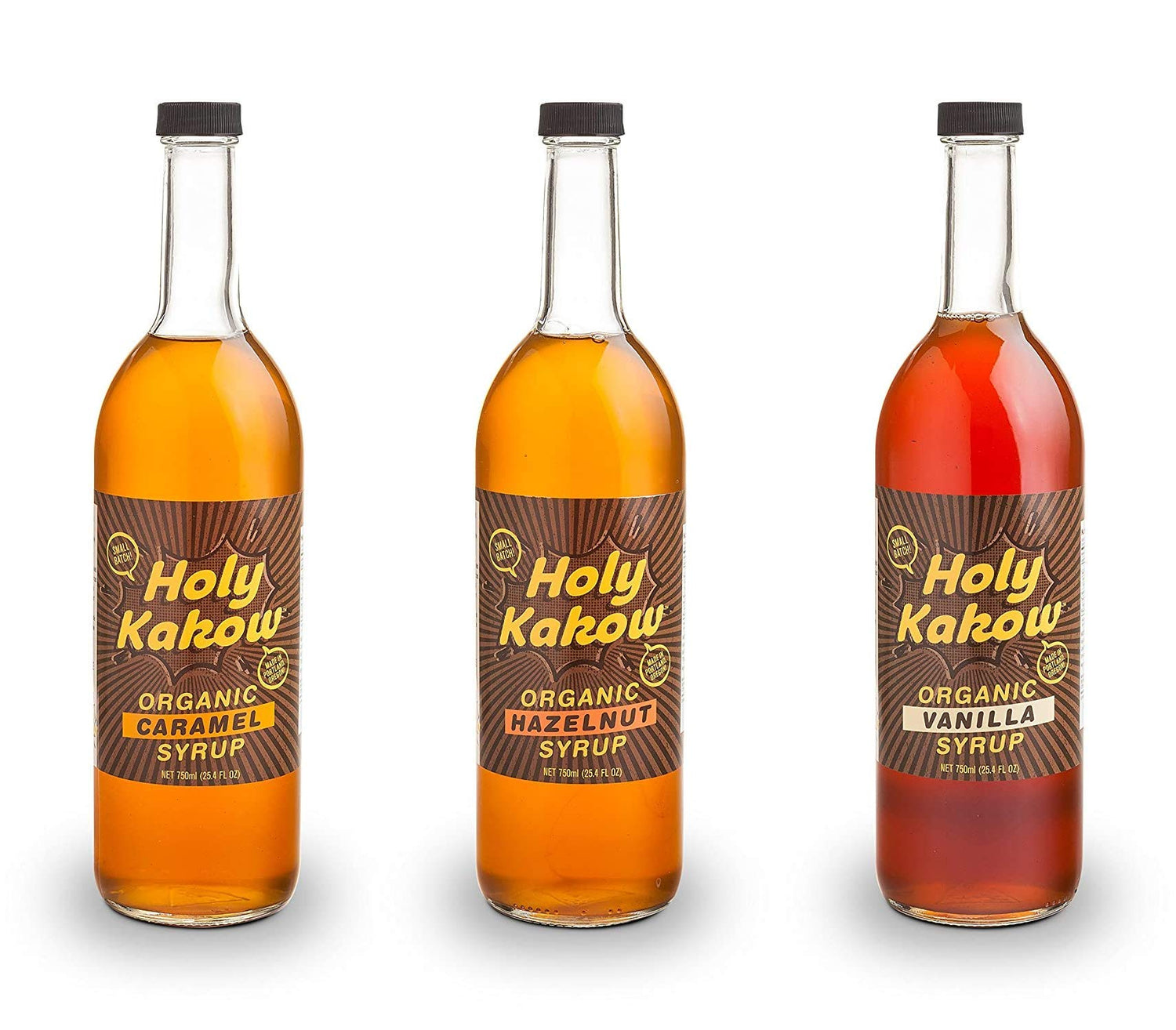 Holy Kakow caramel syrup bottle pour enhances coffee flavor with rich, smooth sweetness