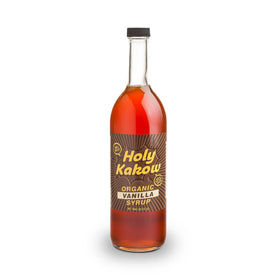 Holy Kakow Cafe Organic Vanilla Syrup bottle front shows natural vanilla flavor for rich coffee