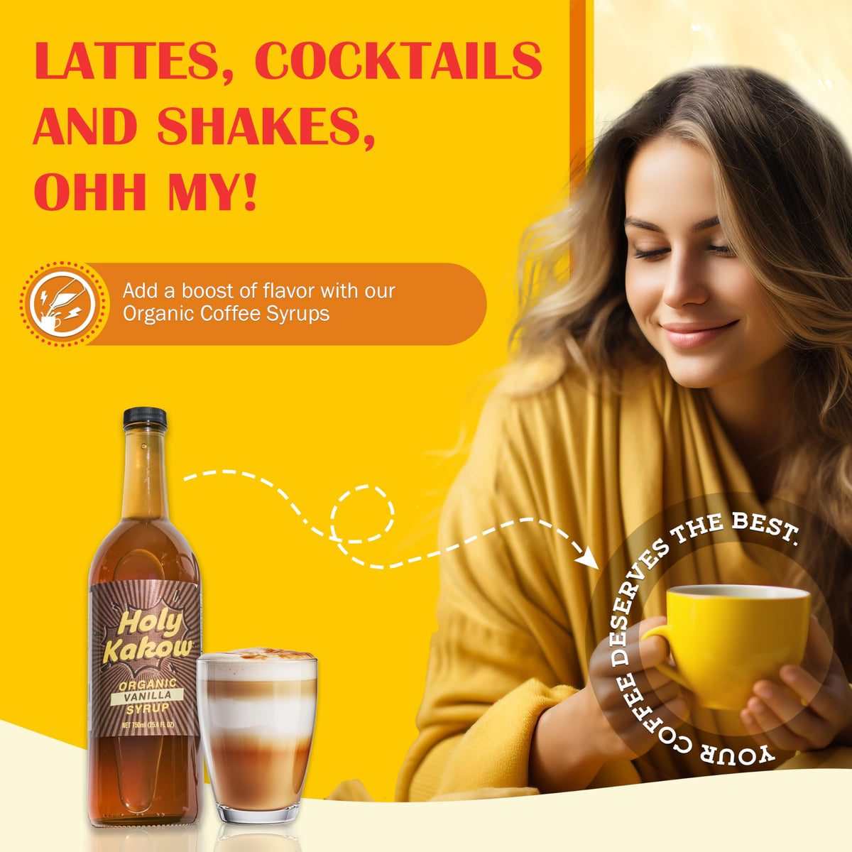 Holy Kakow Vanilla Syrup bottle pour demonstrates easy sweetness for lattes and cocktails