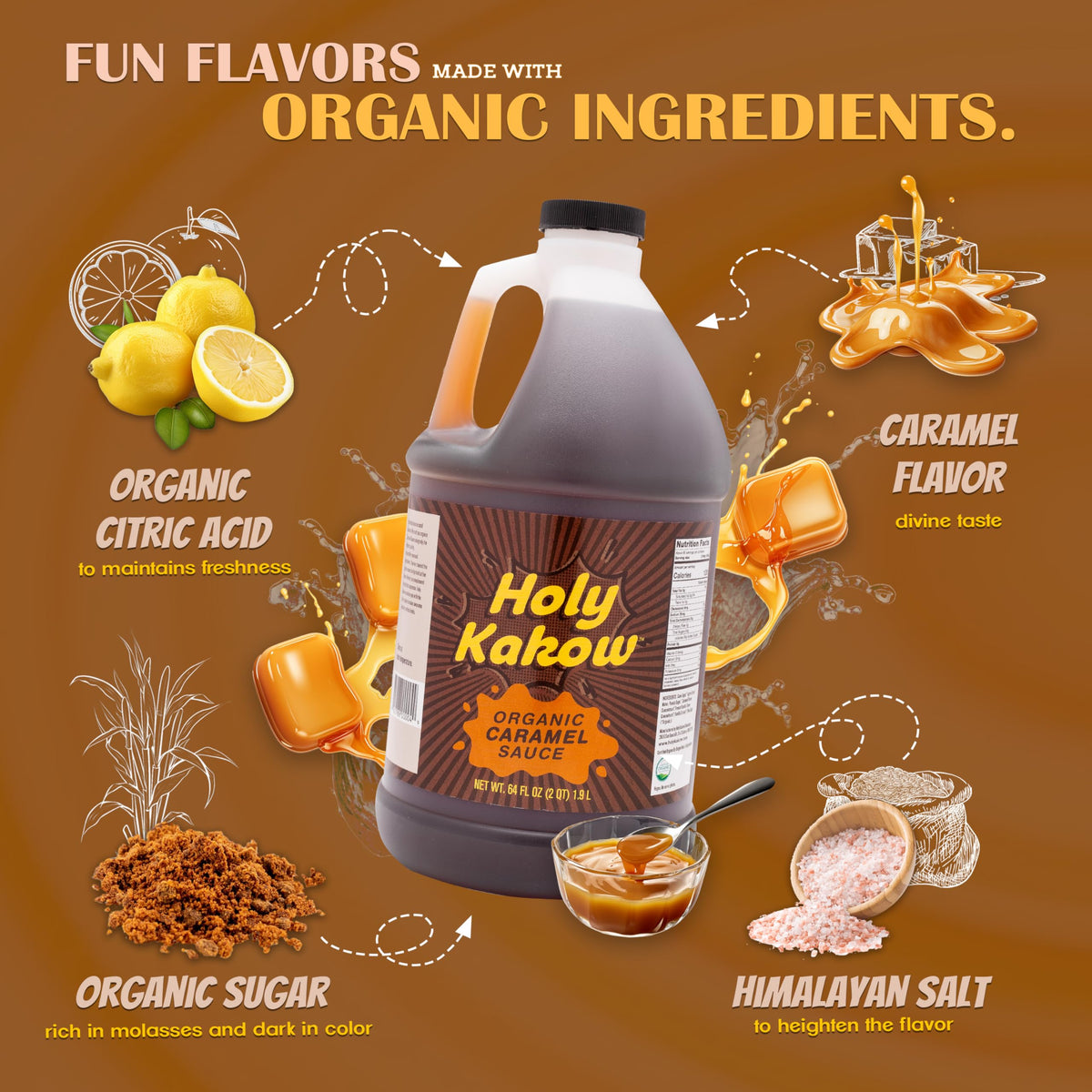 Holy Kakow Organic Caramel Sauce on ice cream creates velvety topping