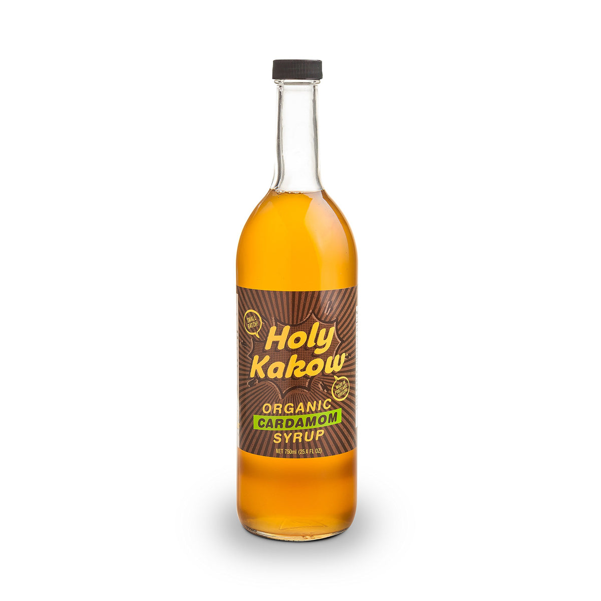 Holy Kakow Cardamom Syrup bottle with real ingredients for bold coffee flavor.