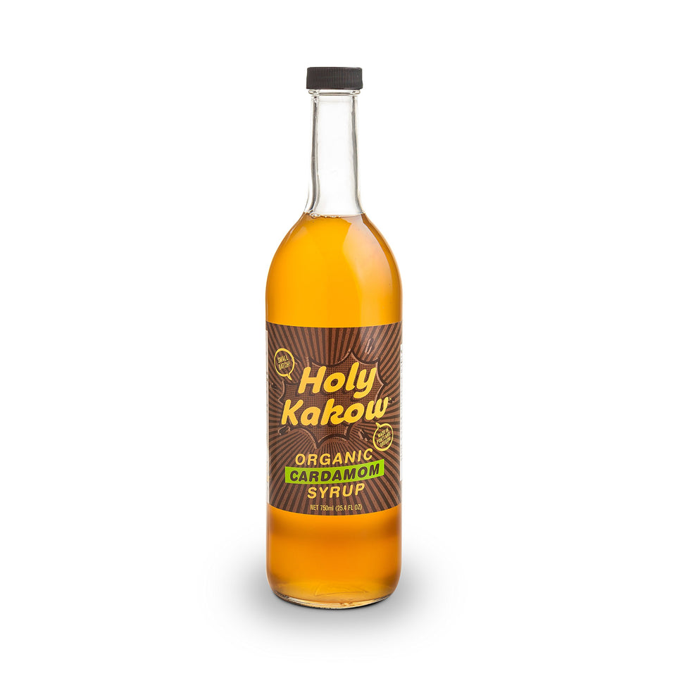Holy Kakow Cardamom Syrup bottle with real ingredients for bold coffee flavor.