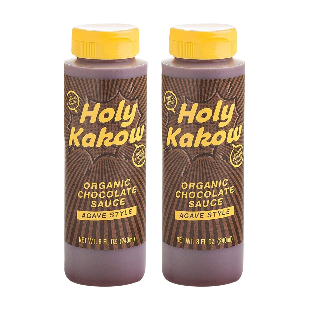 Holy Kakow chocolate sauce bottle being poured for rich hot or iced drinks.