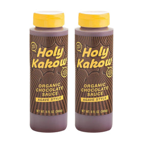 Holy Kakow chocolate sauce bottle being poured for rich hot or iced drinks.