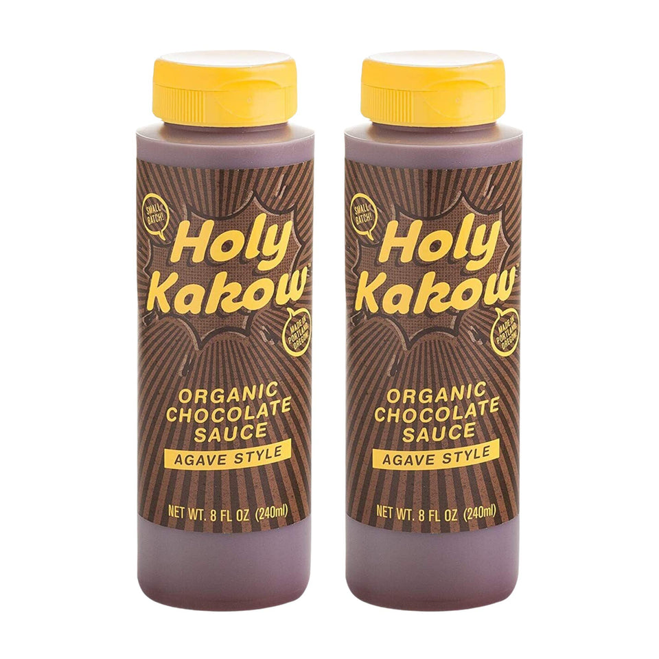 Holy Kakow chocolate sauce bottle being poured for rich hot or iced drinks.