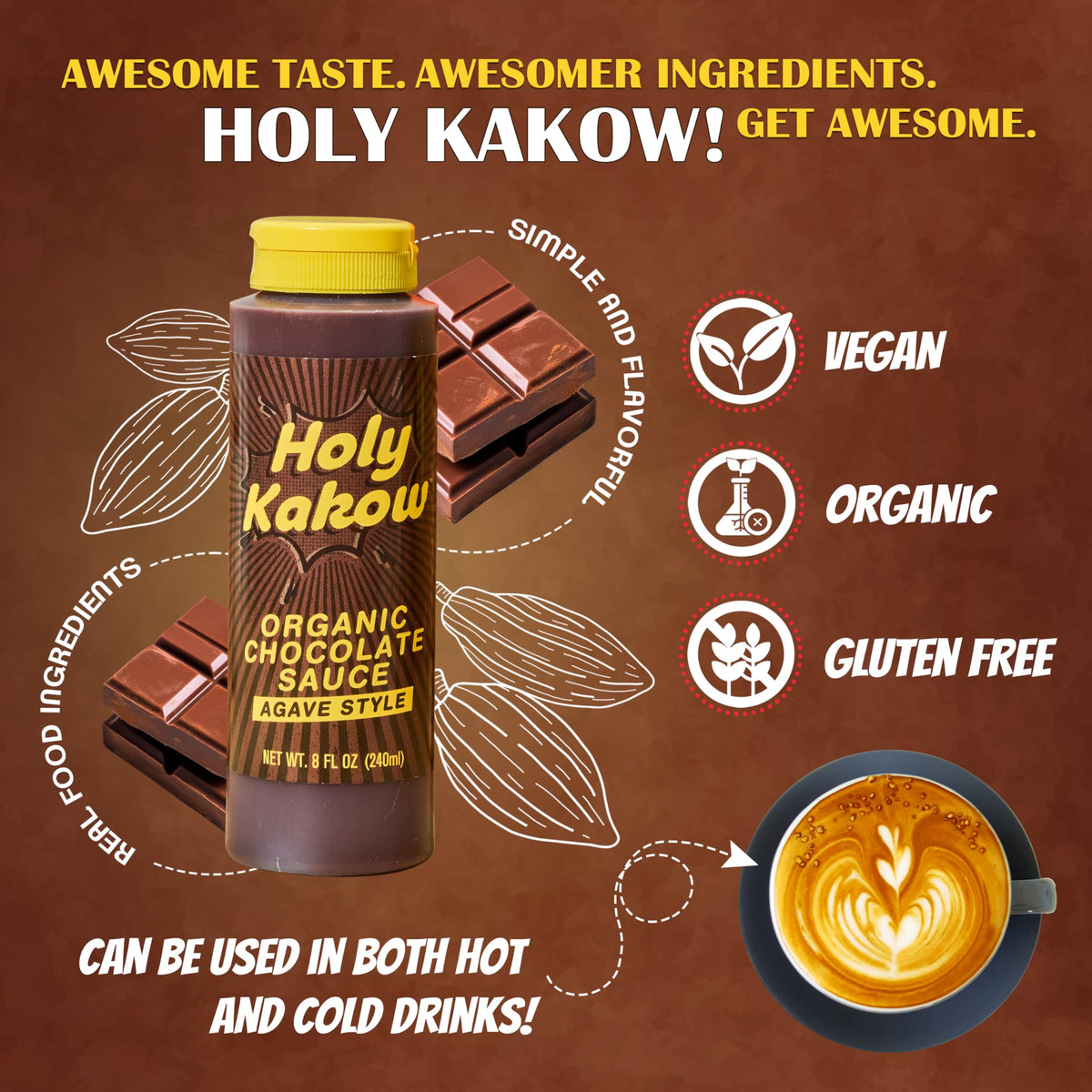 Holy Kakow chocolate sauce glass bottle on counter, convenient organic dessert topping.
