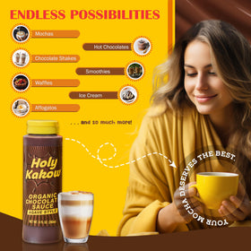 Holy Kakow chocolate sauce label close-up, organic agave and vanilla details.