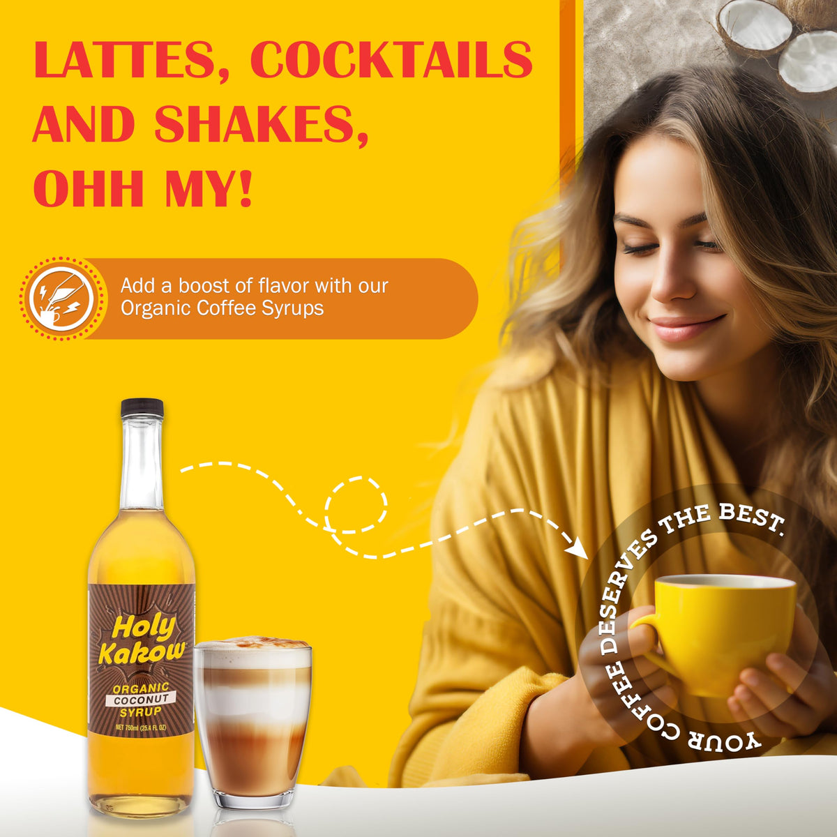 Holy Kakow Coconut Syrup label closeup showing organic sourcing and premium quality.