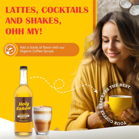 Holy Kakow Coconut Syrup label closeup showing organic sourcing and premium quality.