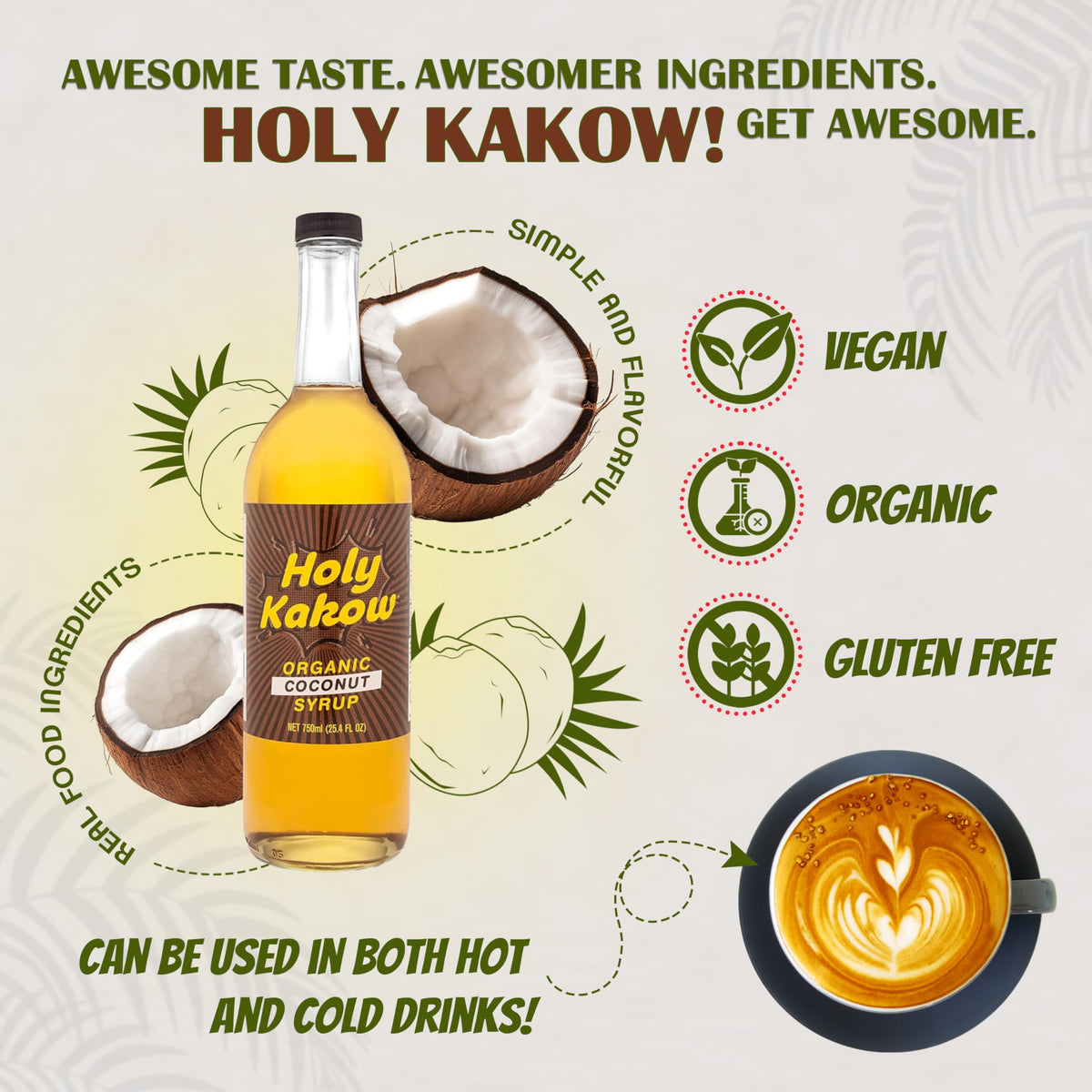 Holy Kakow Coconut Syrup pour illustrating smooth, versatile flavor for lattes and cocktails.