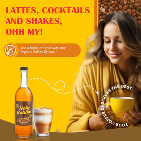 Holy Kakow hazelnut syrup with coffee cup evokes creamy sweetness for café-style drinks.