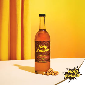 Holy Kakow hazelnut syrup label closeup reveals real-food ingredients and clean labeling.