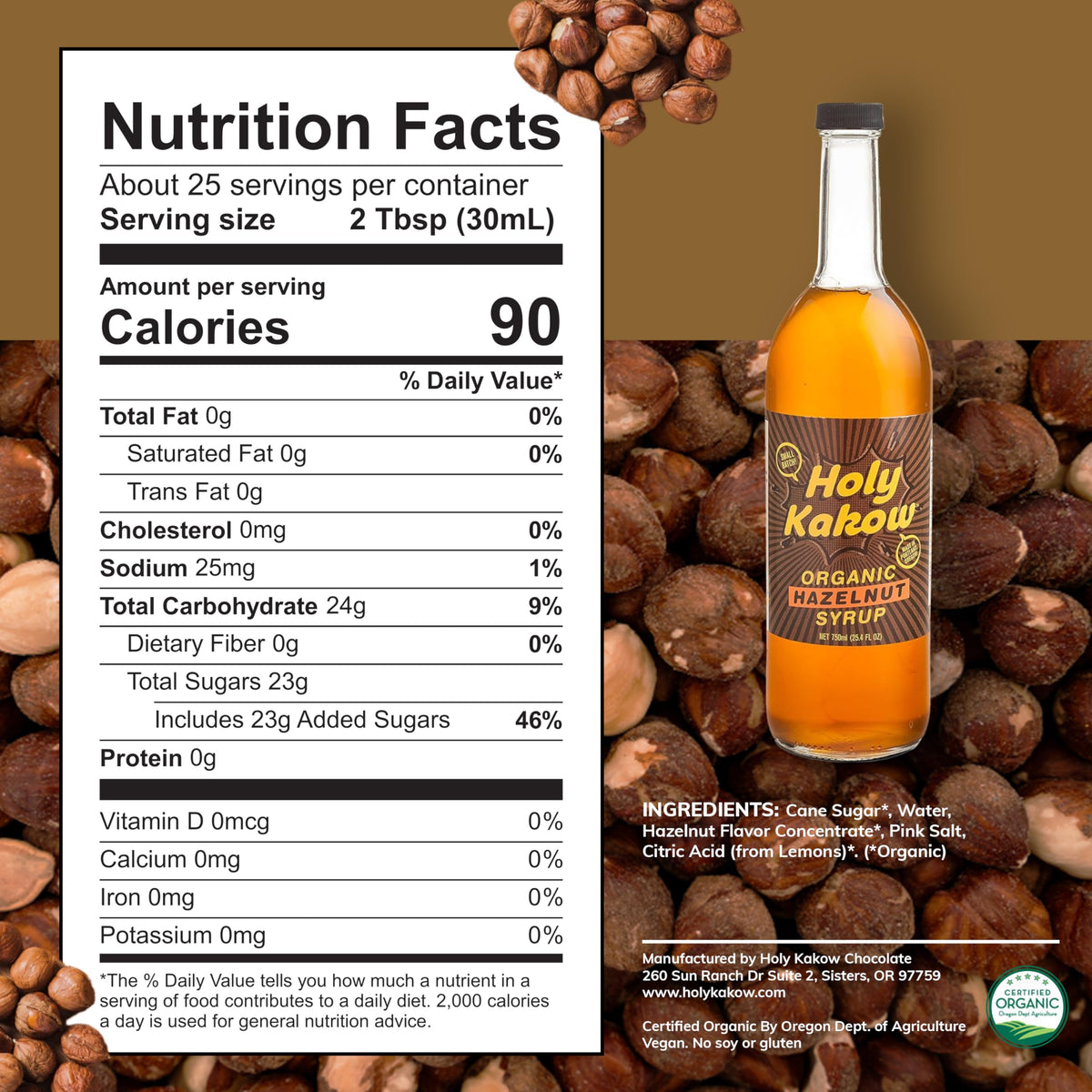 Holy Kakow hazelnut syrup in a shake jar suggests smooth texture and balanced flavor.