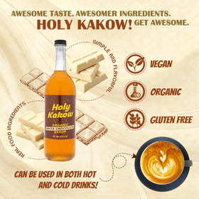 Holy Kakow latte with White Chocolate Syrup adds creamy sweetness.