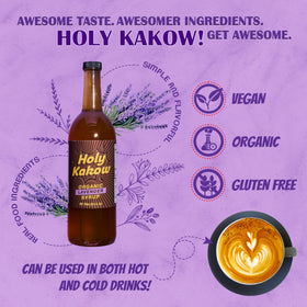 Pouring Holy Kakow lavender syrup over foam for a fragrant latte